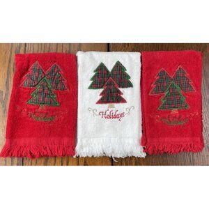 Vtg FRANCO Cannon Christmas 3 Hand Towel Red White Embroidered Christmas Trees